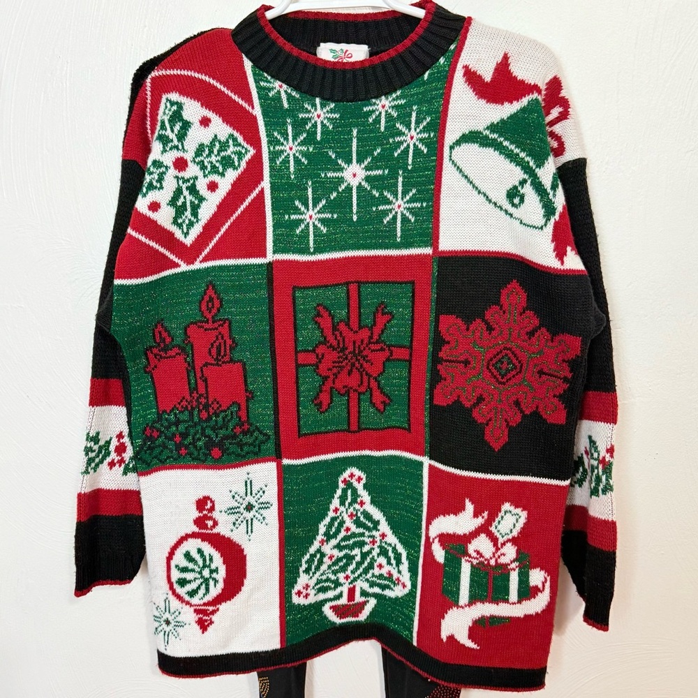 VINTAGE 80s Nutcracker Sparkly Holiday Busy Blocks Ugly Christmas Sweater Size S